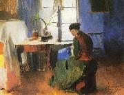 Harriet Backer Kone som syr oil painting artist